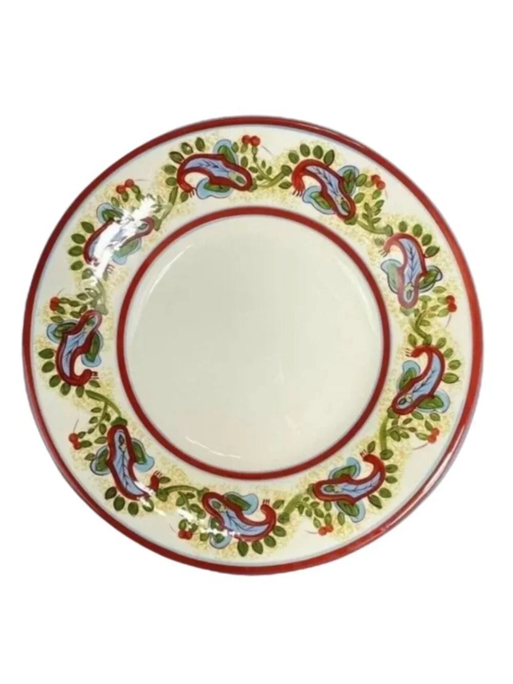 Pottery Barn Dinner Plate Bowl Sausalito Paisley 12.5 Pasta Cream Red Green